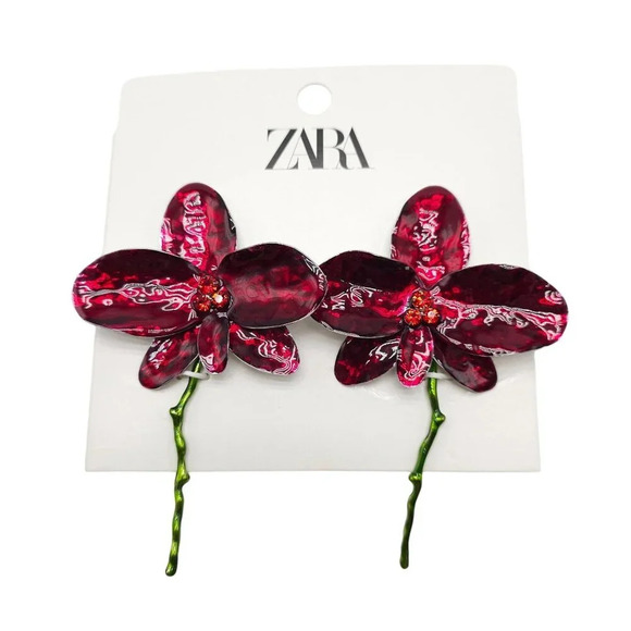 ZARA NWT SS24 ENAMELLED FLORAL EARRINGS RED FLOWERS 1011/008 READ ME - Picture 1 of 6